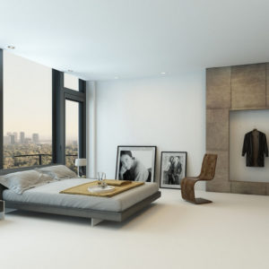 Modern bedroom interior with city view and minimalist decor.