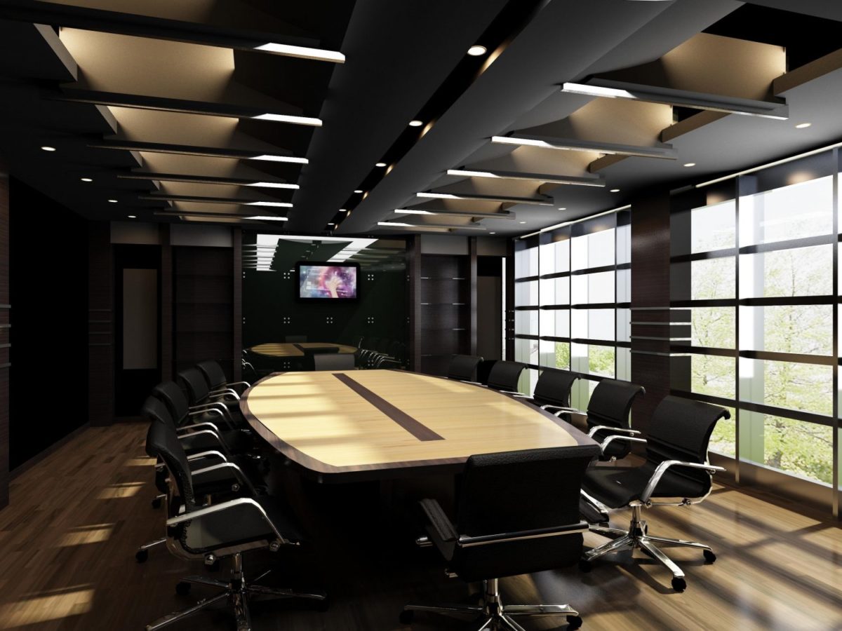 Modern boardroom design with black chairs and large windows.