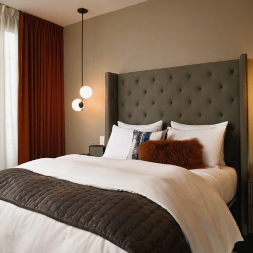 Modern hotel room with cozy queen bed, stylish lighting, and warm curtains.